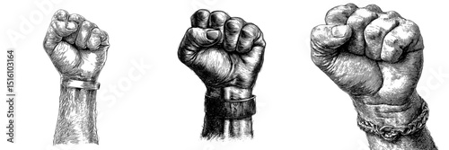 An intricate engraving of a clenched fist adorned with a wristband is depicted in precise detail