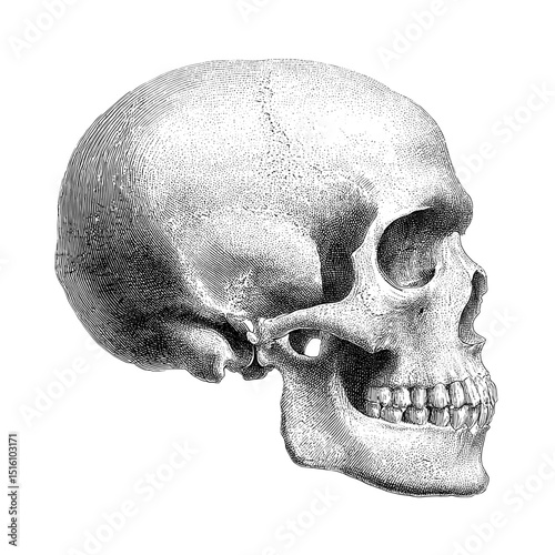 An intricate vintage engraving illustration depicting a human skull in profile