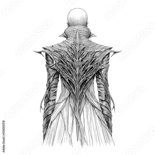 A king is shown from the rear in a detailed engraving, wearing a robe that flows