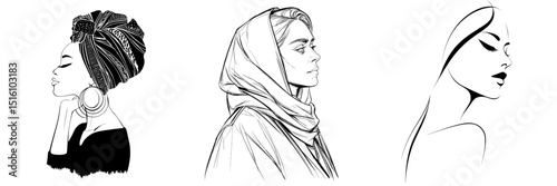 A woman in a headscarf is depicted in an elegant profile engraving