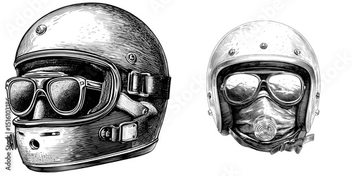 A vintage engraving illustrates a motorcycle helmet paired with sunglasses