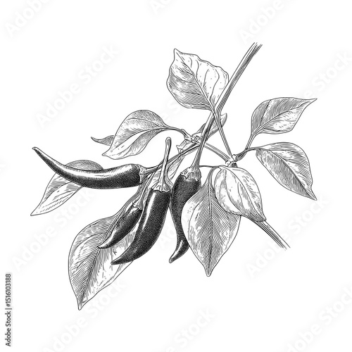 The detailed black and white illustration of a pepper is complemented by an engraving of a leaf