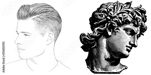 A young man with trendy hair is depicted in a detailed and elaborate engraving