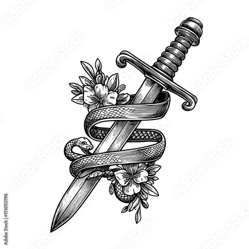 A sword with an ornate ribbon design is showcased through a detailed engraving
