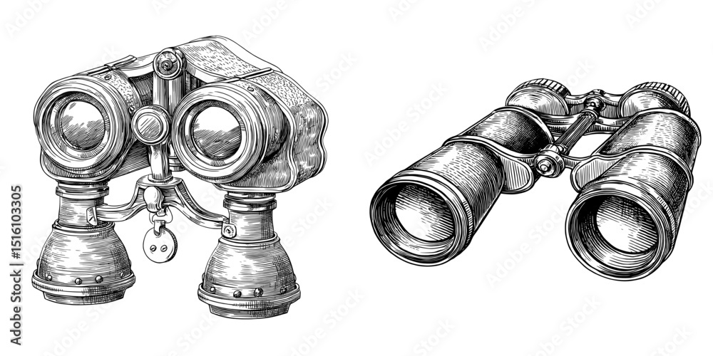A hand-drawn sketch of vintage binoculars is depicted in a black and white illustration style with a modern twist