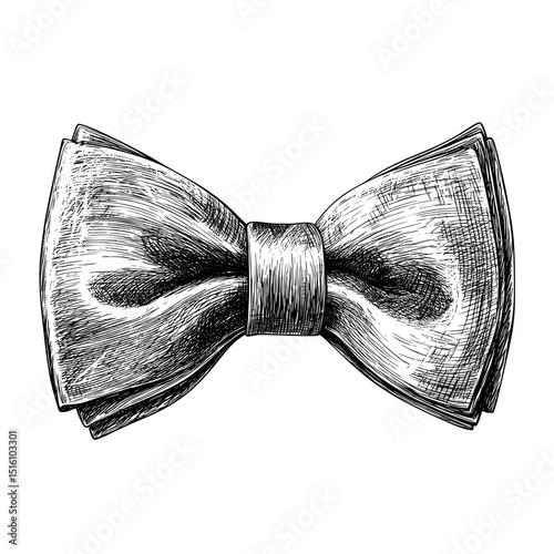 Modern illustration presents a vintage sketch of a textured bow tie, a classic accessory for men, in sepia tones