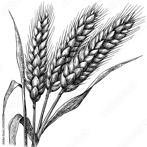 Detailed grains of wheat stalks are depicted in a modern black and white sketch illustration