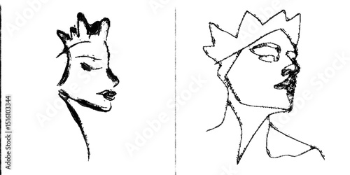 Modern illustration featuring a minimalist depiction of a figure with a crown and no face