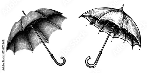 The illustration is a modern depiction of a vintage brown, hand-drawn open umbrella with a curved handle