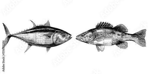 Modern illustration featuring a fish sketch with crosshatch design and abstract geometric patterns