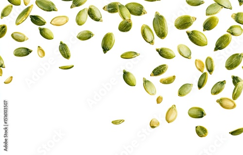 Green pumpkin seeds scattered on white background.  Fresh, healthy, nutritious, and wholesome seeds, falling in a gentle cascade