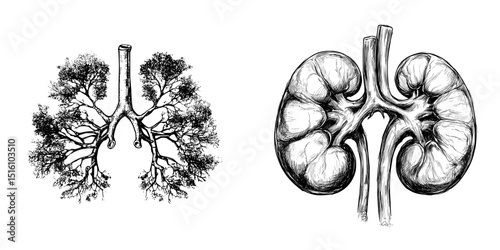 Modern illustration featuring an anatomical concept of human kidneys created with a black ink sketch design
