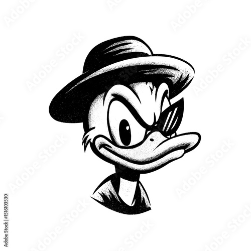 Cool Duck Portrait showcases a sophisticated monochrome illustration of a duck sporting sunglasses and a hat, conveying an impression of lighthearted coolness and captivating charm