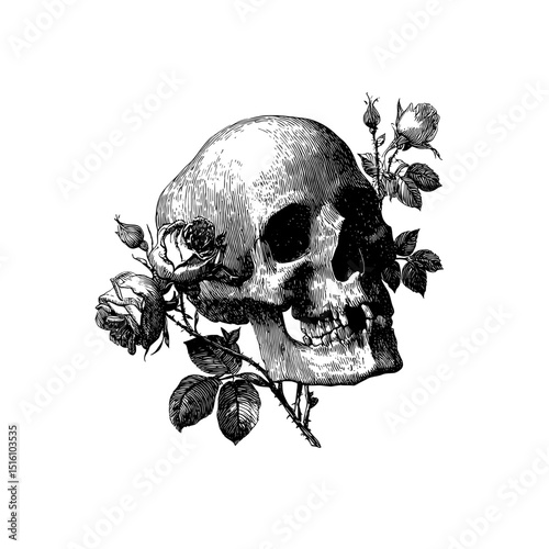 Retro-Style Drawing of a Skull Surrounded by Roses as an Artistic Design’ becomes ‘Illustrated Artwork Featuring a Classic Skull with Rose Accents in a Hand-Drawn Style