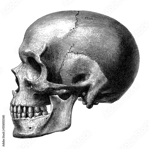 This is a vintage illustration that showcases a detailed profile of a skull, drawn entirely by hand