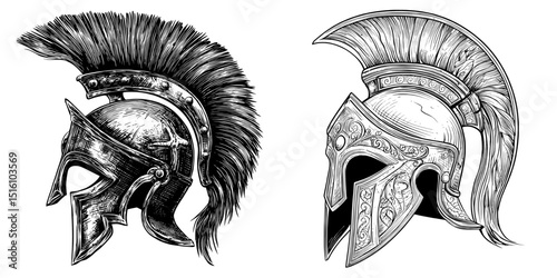 On the ground is an ancient helmet, as shown in a vintage illustration drawn by hand