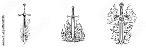 An illustration of a sword emerging from flames, drawn by hand in a vintage style, is presented