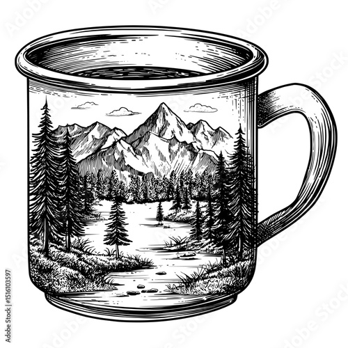 On a mug, there is a hand-drawn illustration of a mountain scene, created in a vintage manner