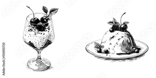 Monochrome illustration of a vintage sketch depicting chocolate mousse dessert garnished with berries