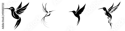 This image depicts a hummingbird in flight, its silhouette a black outline with wings fully extended, highlighting the bird's unique and elegant form in a modern clipart style