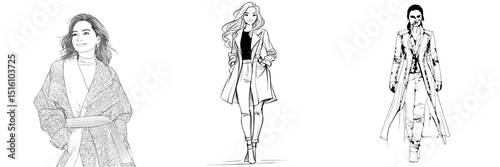 A stylishly dressed woman wearing a coat is shown on this fashion coloring page