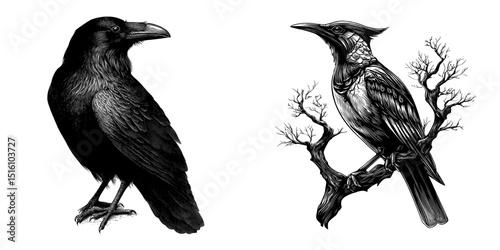 The image features a crow or raven turned to the left, with detailed feathers and a bold monochrome style, created using generative AI in a modern sketch engraving format, complete with a scratch