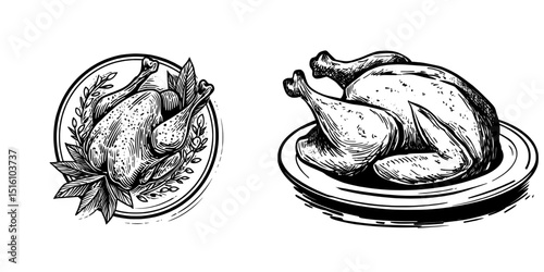 Monochrome illustration of a roasted turkey on a plate