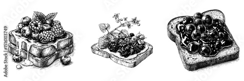 Vintage black and white illustration of toast topped with berry jam, a delectable treat