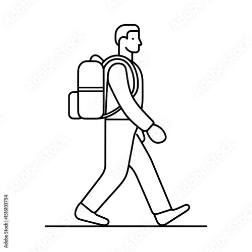 A person is seen strolling with a backpack set against a simple white background