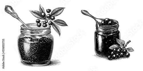 A classic illustration in black and white depicting a jar of berry jam accompanied by a spoon, showcasing culinary art with an elegant design