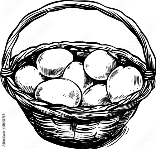 A hand-drawn wicker basket filled with eggs is depicted in a modern black and white illustration
