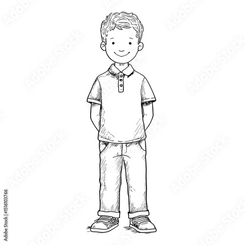 The fashion coloring page features a young boy wearing casual clothes and smiling