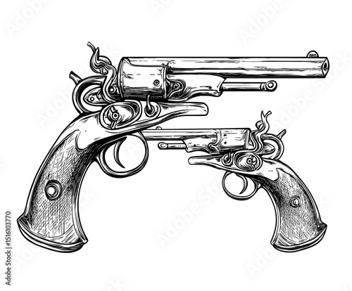 A nostalgic atmosphere is created by a black and white drawing showing two old wooden guns, one positioned to the left of the other