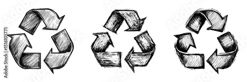 Modern illustration of a black recycling symbol featuring three circular arrows on a white background