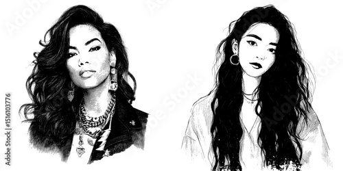 A stunning Asian woman with exceptionally full hair is depicted, embodying elegance, beauty, and classic style in a modern generative AI illustration, presented as a scratch board engraving in black