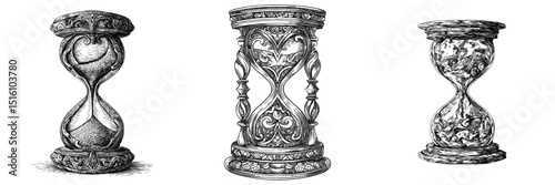 A modern illustration of an hourglass is depicted in monochrome with intricate details signifying the concept of time