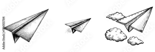Modern illustration of a black and white paper airplane in motion, detailed sketch