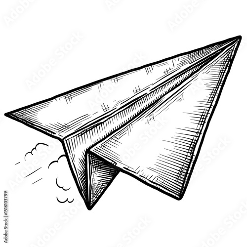 Black and white line drawing sketch of a flying paper airplane in motion serves as a modern illustration