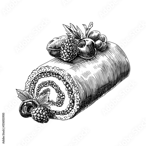 A traditional black and white drawing of a Swiss roll featuring a berry filling, presented on a clean white background, suitable for culinary websites and paper goods design