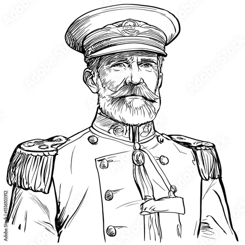 A military uniform with ornate details is illustrated in a vintage-style engraving