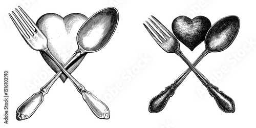 A fork and spoon are depicted crossed over a heart in an engraved image