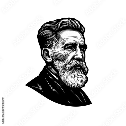 A male face with powerful features is depicted in an engraved illustration