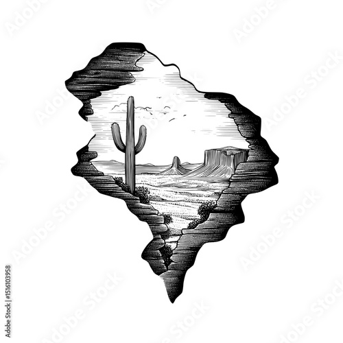 The image features a detailed black and white engraving of a rock formation with a cactus