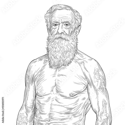 An intricate vintage engraving depicts a muscular man sporting a beard and tattoos