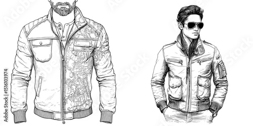 A man clad in a bomber jacket is the subject of a detailed engraved illustration