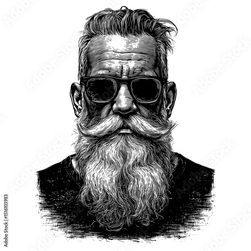 A black and white engraving features a man who is stylish, bearded, and wearing sunglasses