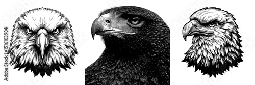A classic style depiction of a majestic eagle head is presented in exquisite detail through engraving