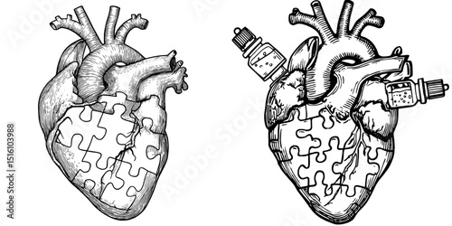 The heart features an intricate engraving with details of puzzle pieces