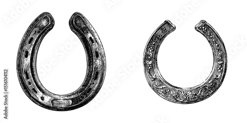 This modern illustration showcases a vintage horseshoe in a black and white sketch, complete with an engraved texture