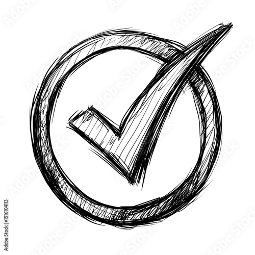Illustration of a bold check mark enclosed within a circular shape, drawn by hand in a modern style